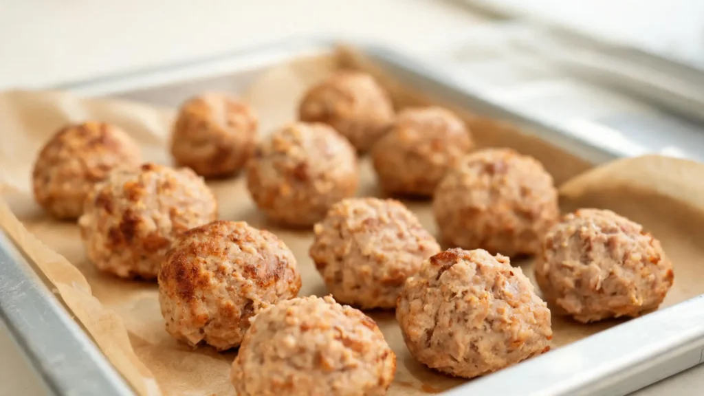 A batch of prepared turkey meatballs on a baking sheet, ready for freezing.