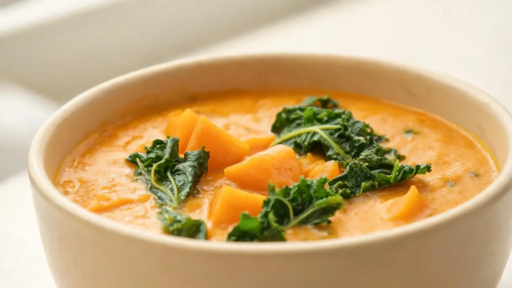 Three bowls of low-calorie fall soups: butternut squash, lentil, and tomato basil, on a wooden table with autumn leaves.