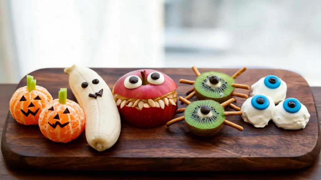 Assortment of five healthy Halloween treats including tangerine pumpkins, banana ghosts, and other low-calorie festive snacks