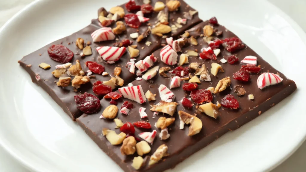 Overhead view of five light Halloween candy recipes, including dark chocolate bark and healthy trail mix