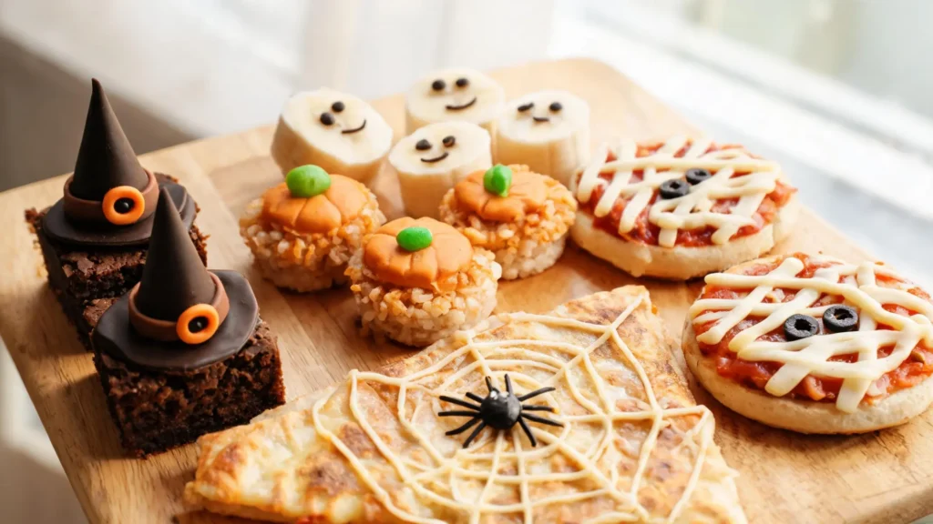 A festive Halloween display with witch hat brownies, ghost banana bites, and other spooky low-calorie treats arranged on a table