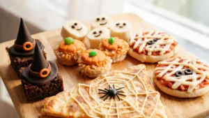 A festive Halloween display with witch hat brownies, ghost banana bites, and other spooky low-calorie treats arranged on a table