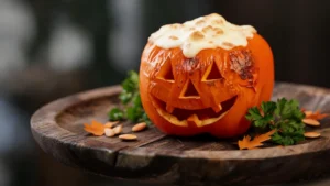 A collage of five low-calorie Halloween dinner dishes under 350 calories, including skeleton pasta and jack-o-lantern stuffed peppers
