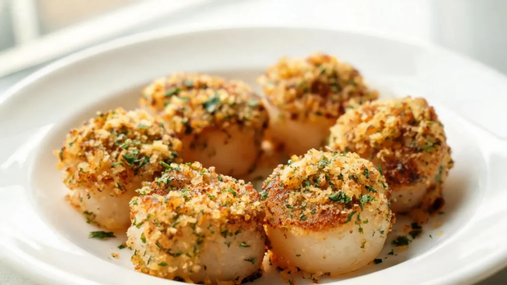 Golden air-fryer scallops topped with lemon herb breadcrumbs on a white plate