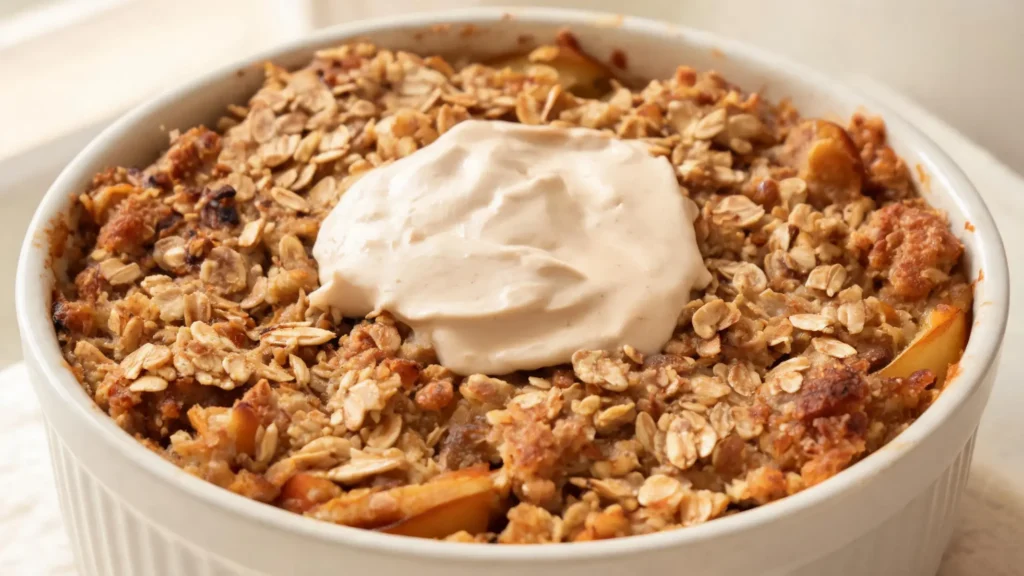 Golden baked apple oat betty in a baking dish topped with a dollop of maple yogurt