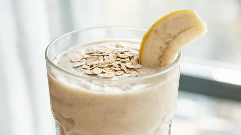 A creamy banana oat smoothie in a glass, topped with rolled oats and banana slices