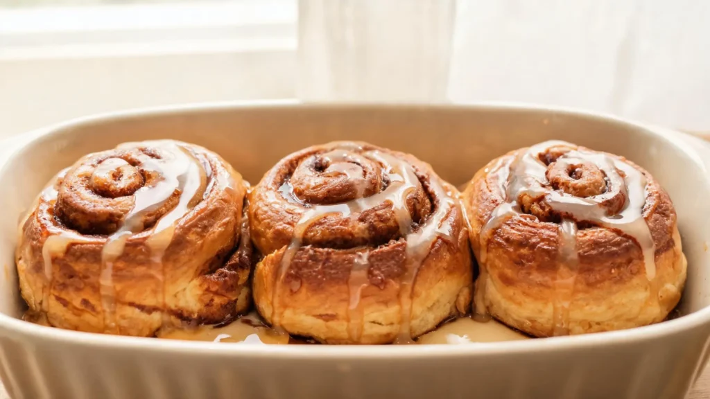 Golden brown butter maple cinnamon rolls drizzled with maple icing on a wooden board