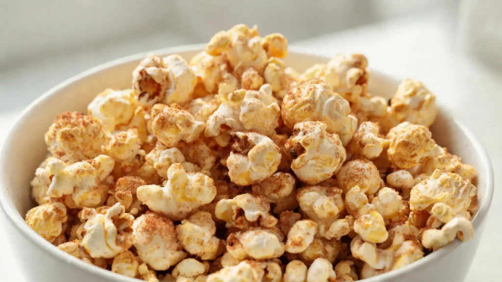 Bowl of classic cinnamon sugar popcorn under 110 calories per cup