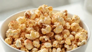 Bowl of classic cinnamon sugar popcorn under 110 calories per cup