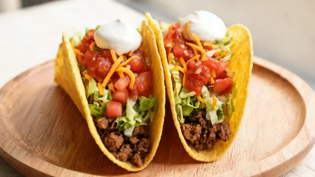 A platter of classic ground beef tacos topped with fresh salsa on a wooden board