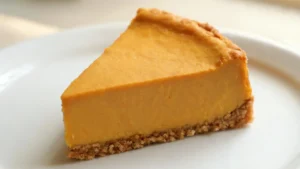 Golden slice of classic pumpkin cheesecake on a white plate