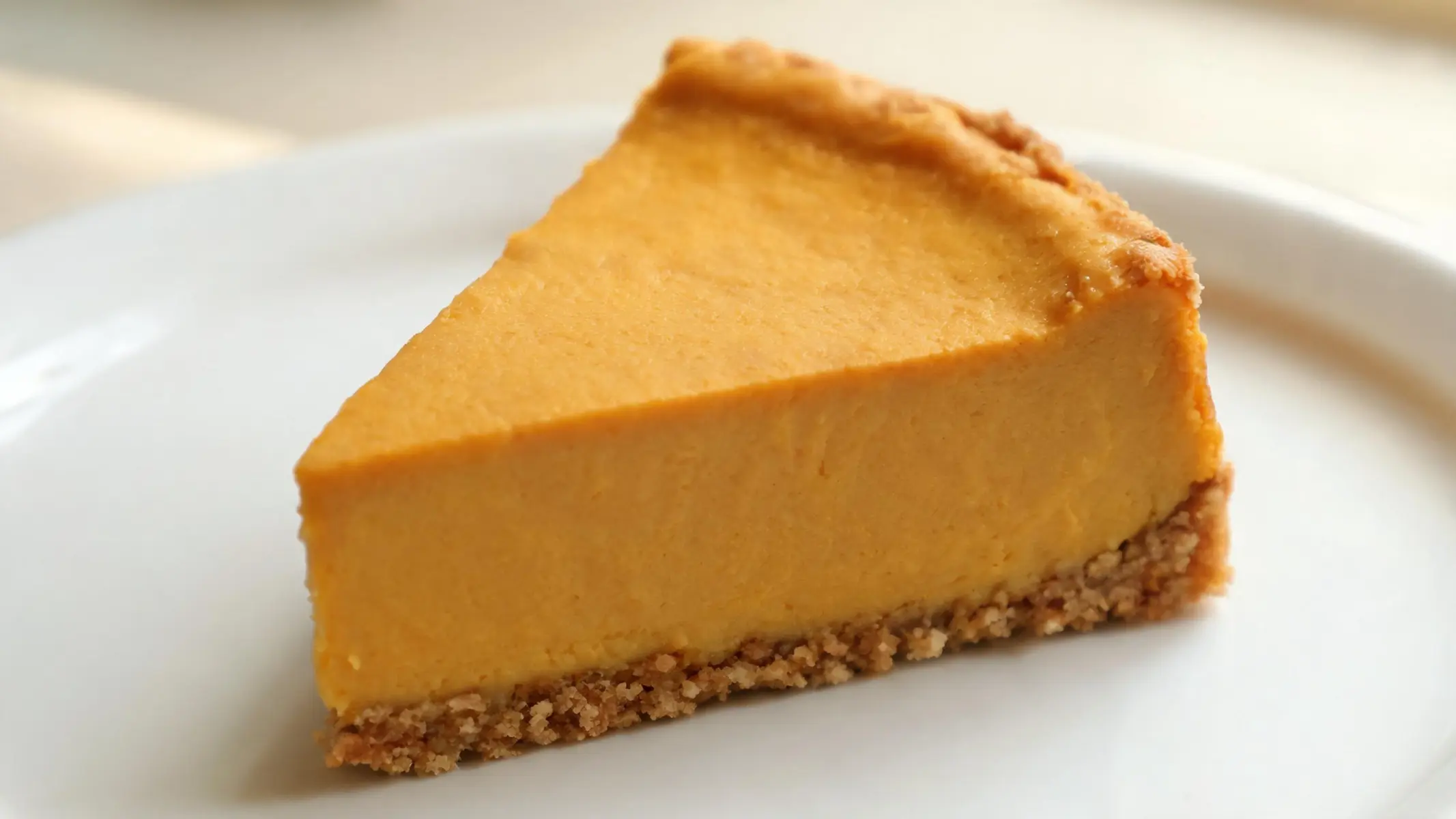 Golden slice of classic pumpkin cheesecake on a white plate