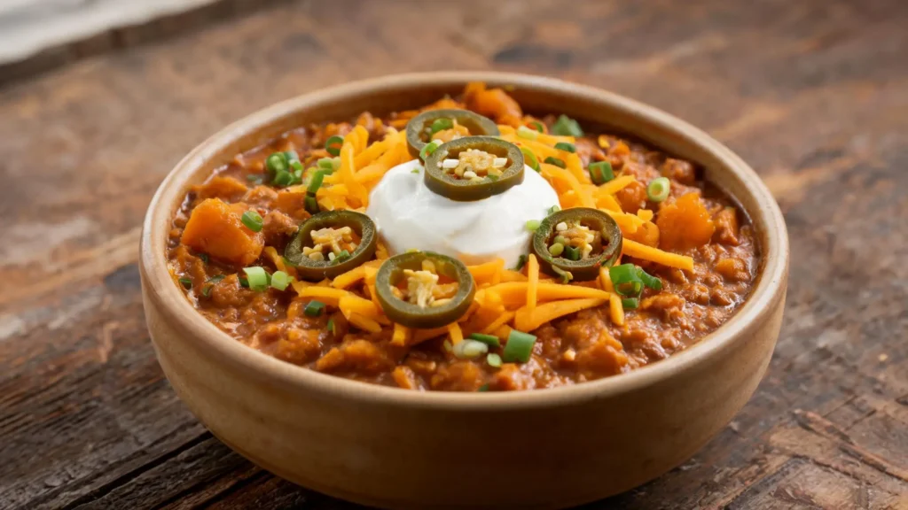 A bowl of pumpkin chili topped with shredded cheddar, sour cream, and jalapeños, surrounded by other toppings on a Halloween-themed table.