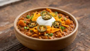 A bowl of pumpkin chili topped with shredded cheddar, sour cream, and jalapeños, surrounded by other toppings on a Halloween-themed table.