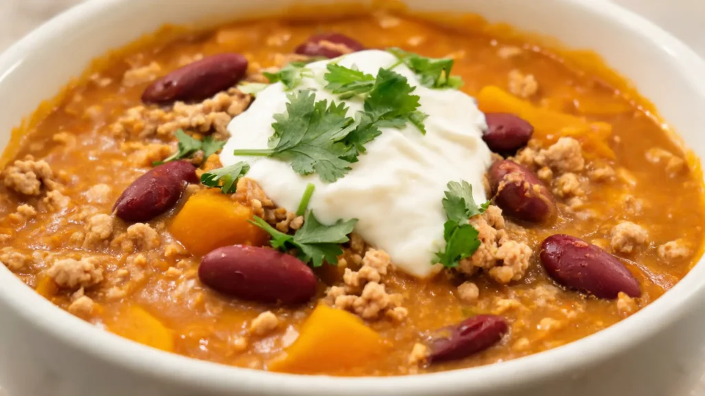 A bowl of classic pumpkin chili with turkey and beans, topped with optional garnishes.