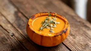 A hollowed mini pumpkin filled with creamy orange pumpkin soup, garnished with fresh herbs and pumpkin seeds, on a wooden surface.