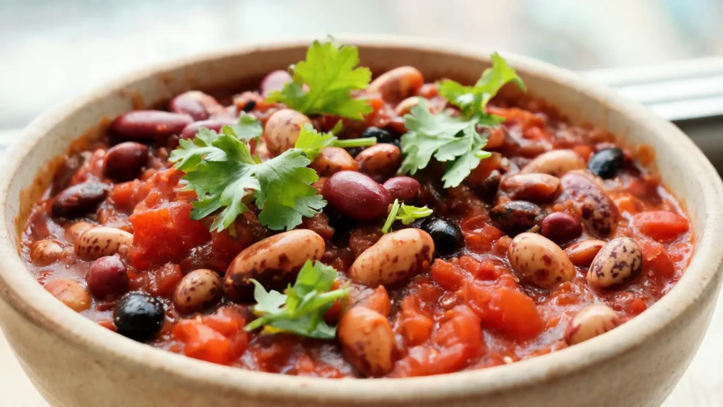 A hearty bowl of Classic Three-Bean Chili topped with sour cream and cilantro, served on a wooden table.