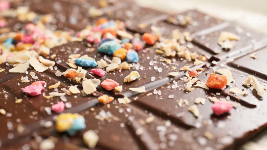 A piece of vegan dark chocolate bark topped with crushed candy, toasted coconut, and sea salt on a white plate