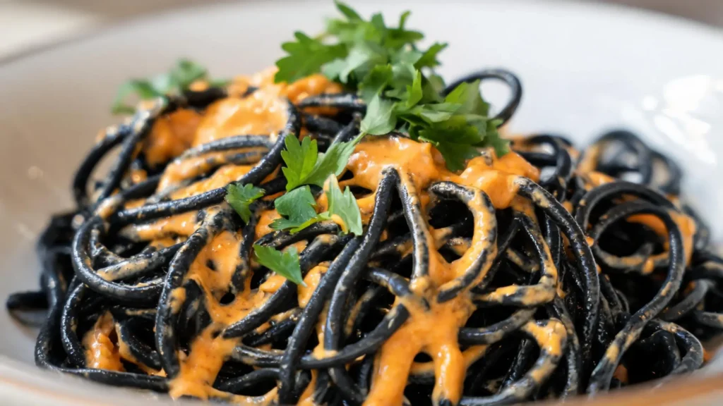 Vibrant orange vegan mac and cheese with black squid ink pasta in a spooky Halloween presentation