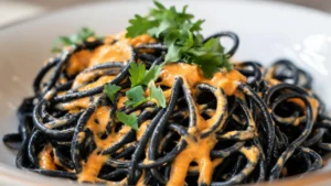 Vibrant orange vegan mac and cheese with black squid ink pasta in a spooky Halloween presentation