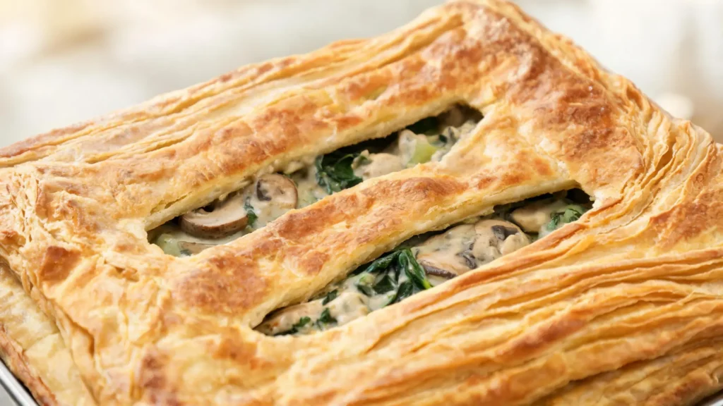 Golden flaky vegan pot pie with mushroom and vegetable filling in a baking dish