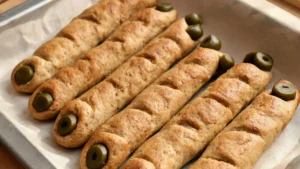 Spooky vegan witch finger breadsticks arranged on a baking sheet with olive tips