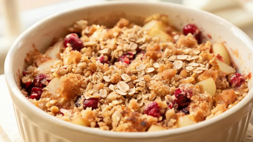 A slice of cranberry apple betty on a plate with a spoon, showing layers of fruit and crumb topping.