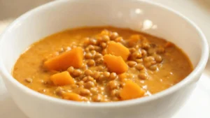 Creamy butternut squash and lentil curry served in a bowl, garnished with fresh cilantro and a drizzle of coconut milk