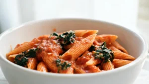 A bowl of creamy tomato spinach pasta with fresh basil garnish