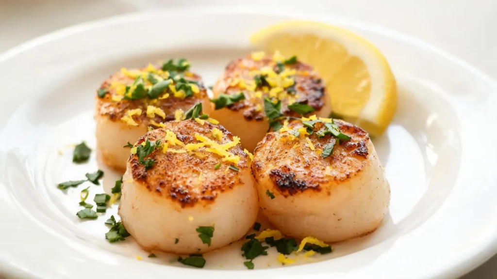 A plate of crispy pan-fried scallops with garlic lemon, garnished with parsley and lemon wedges.