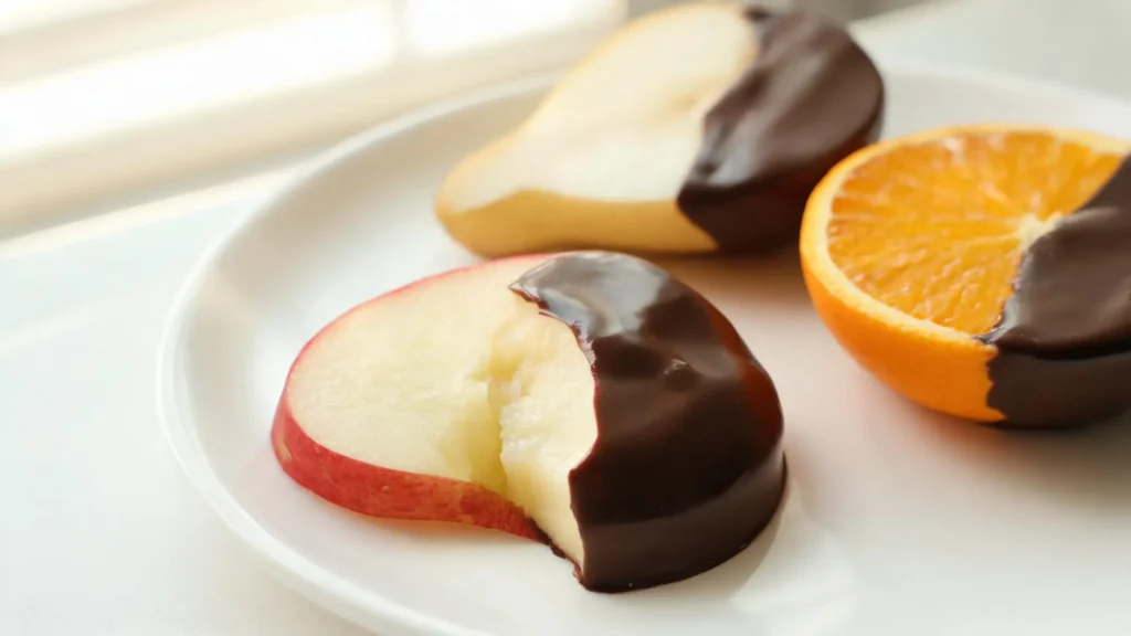 Sliced pear, apple, and orange dipped in dark chocolate on a plate
