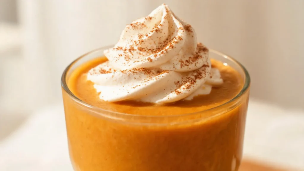 A creamy pumpkin pie smoothie in a glass, garnished with whipped cream and cinnamon, on a rustic fall table.