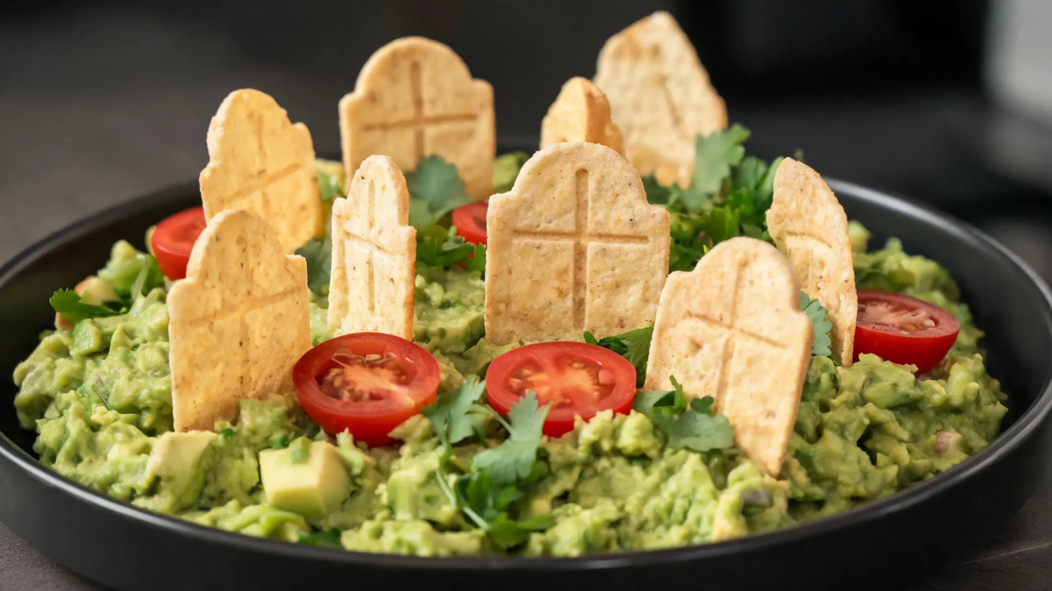 Graveyard guacamole dip with tombstone tortilla chips, cherry tomato gravestones, and cilantro grass