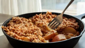 Skillet Apple Betty with golden crumb topping and cinnamon apples