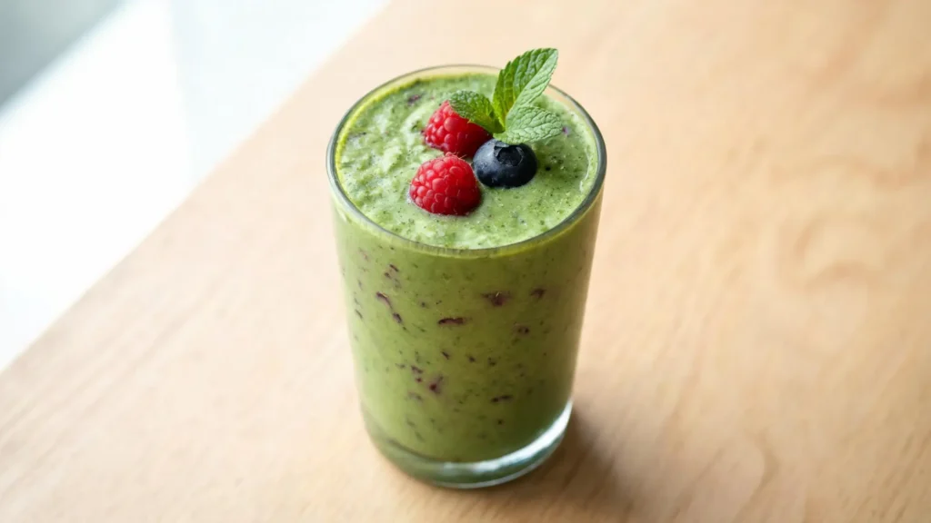 A vibrant green smoothie with berries in a glass, topped with spinach leaves and berries.