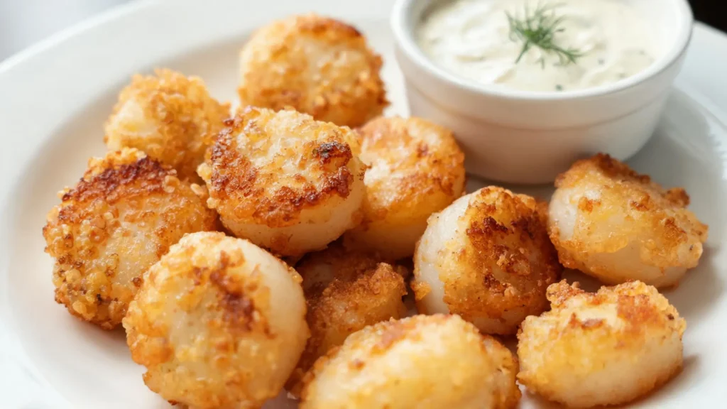 Plated fried scallops with tartar sauce