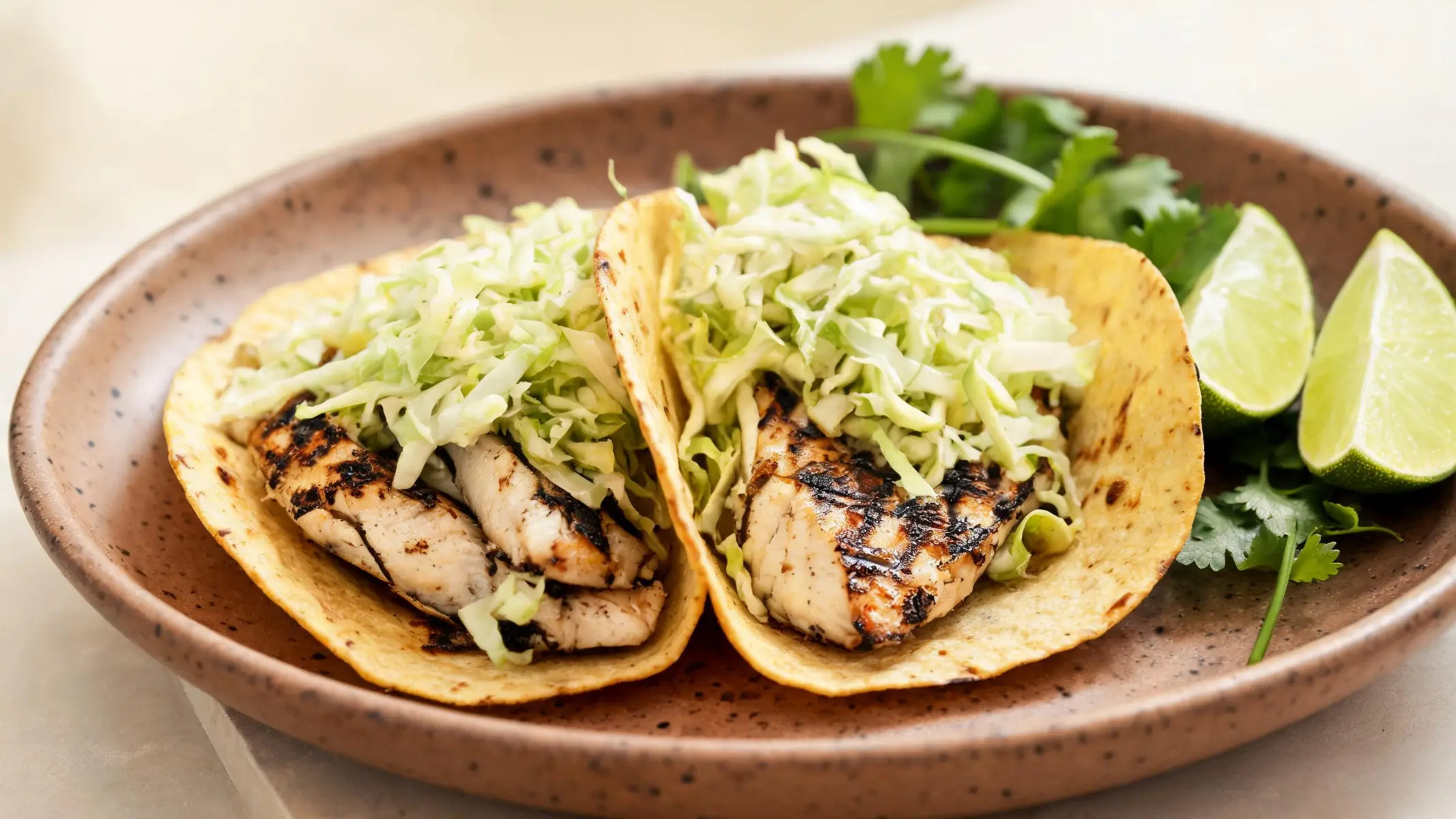Plated grilled fish tacos with lime cabbage slaw on a wooden board