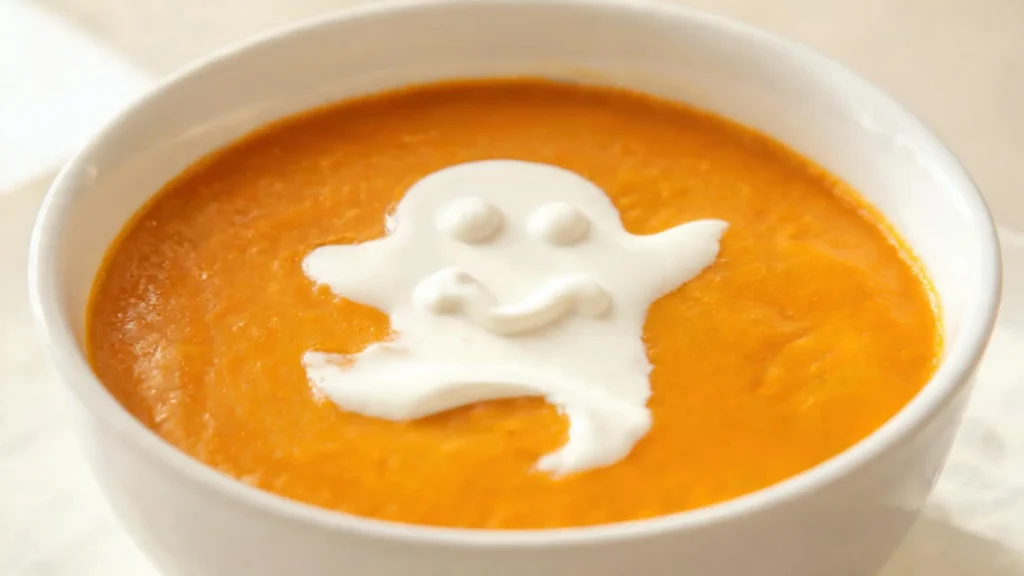 Bowl of Halloween pumpkin soup under 170 calories with a ghost-shaped cream swirl and roasted pumpkin seeds
