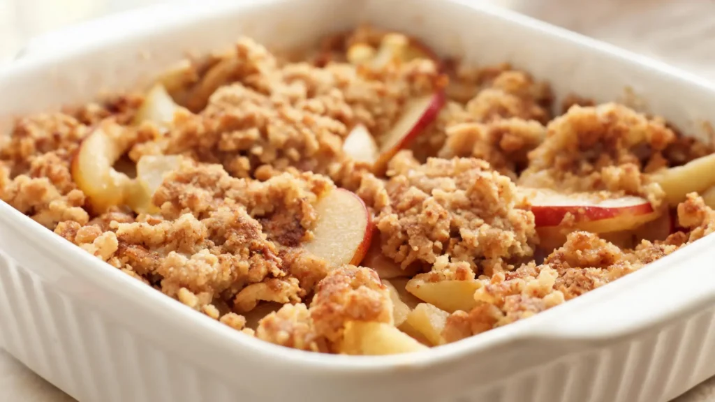 Warm baked apple betty in a rustic baking dish with golden crumb topping
