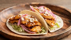 Hot honey chicken tacos with pickled onions on a plate