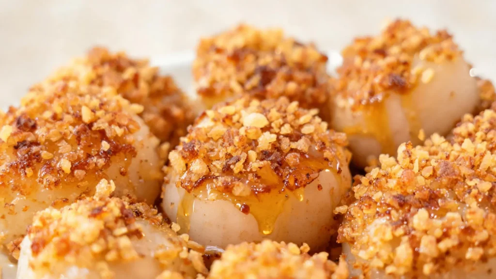 Crispy golden panko-crusted scallops drizzled with hot honey on a plate