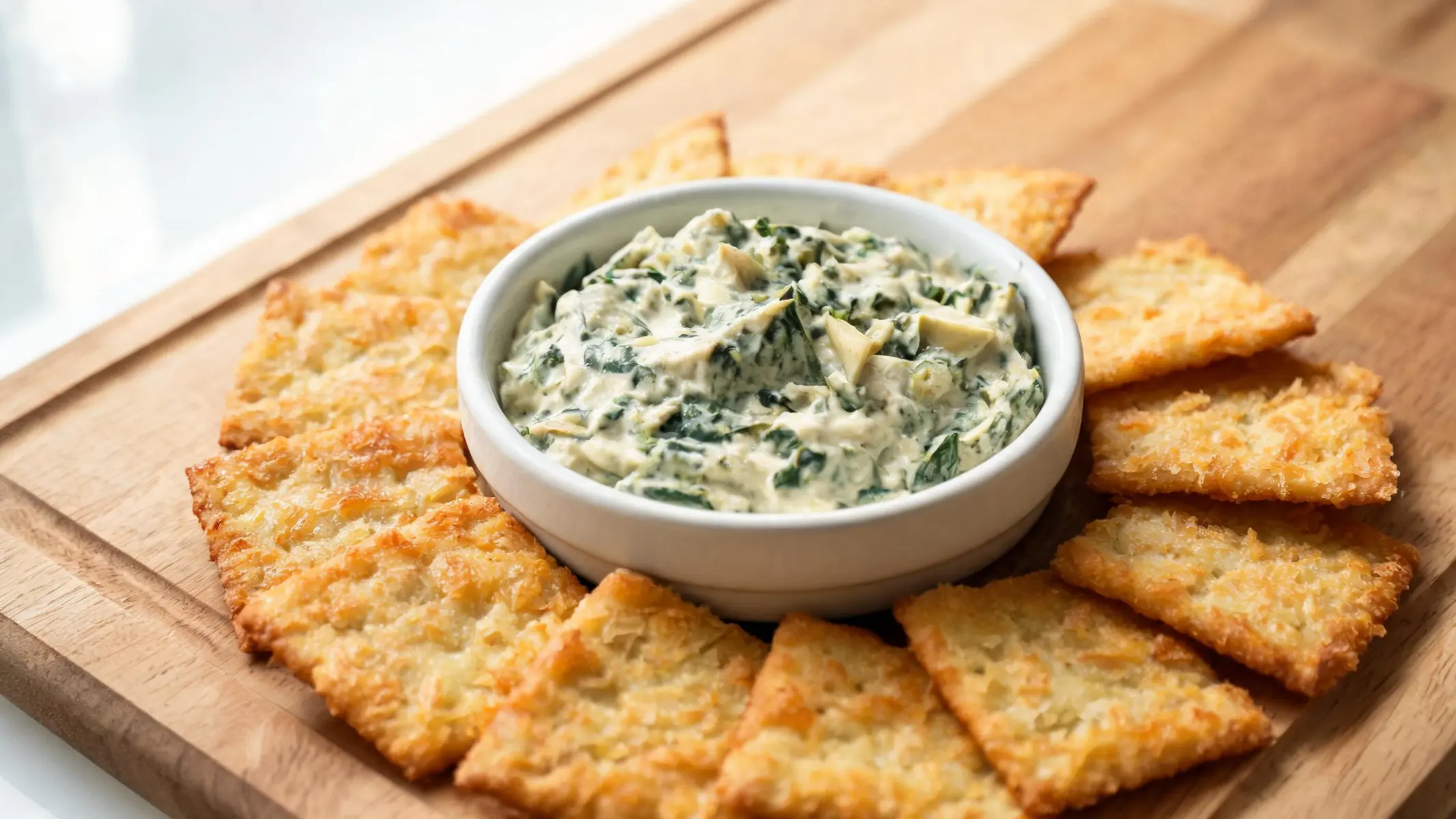 Crispy keto parmesan cheese crackers with creamy spinach artichoke dip on a serving board