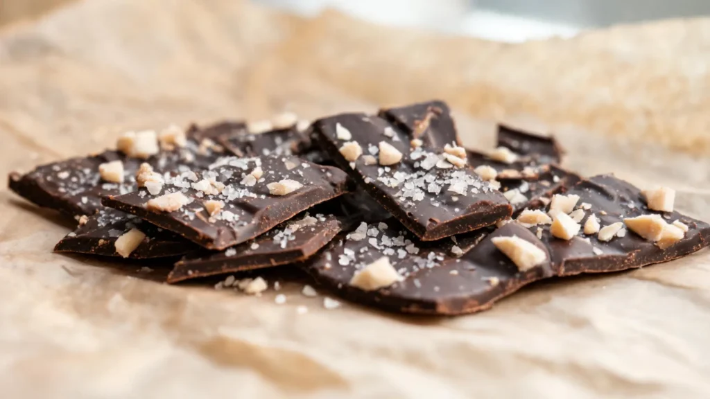 Keto dark chocolate candy bark on a plate