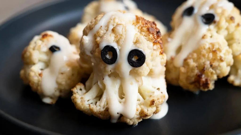 Adorable keto cauliflower ghost bites dipped in white cheddar sauce with black olive eyes on a dark Halloween plate