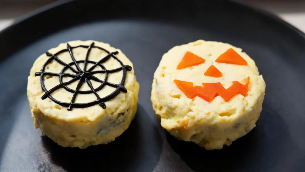 Assortment of keto Halloween egg bites decorated with olive spiders and bell pepper jack-o-lantern faces on a plate