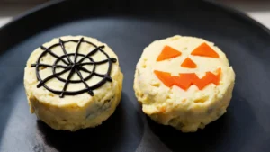 Assortment of keto Halloween egg bites decorated with olive spiders and bell pepper jack-o-lantern faces on a plate