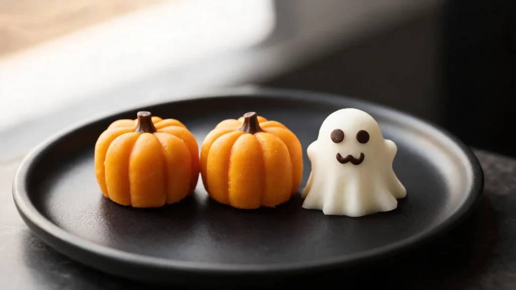 Keto pumpkin and ghost fat bombs on a platter