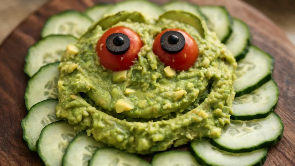 Keto Halloween guacamole monster board with avocado face, cucumber scales, and cherry tomato eyes