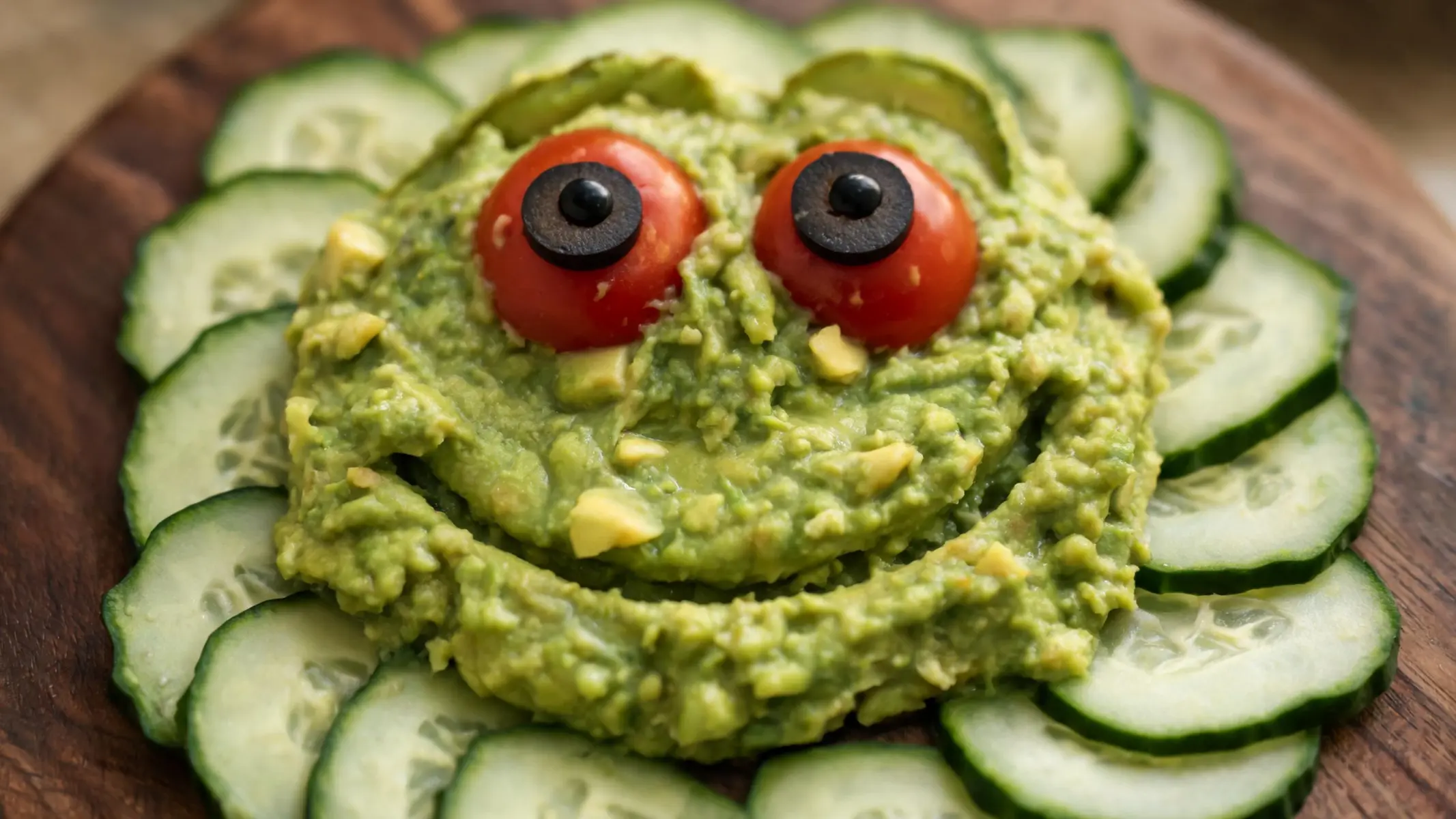 Keto Halloween guacamole monster board with avocado face, cucumber scales, and cherry tomato eyes
