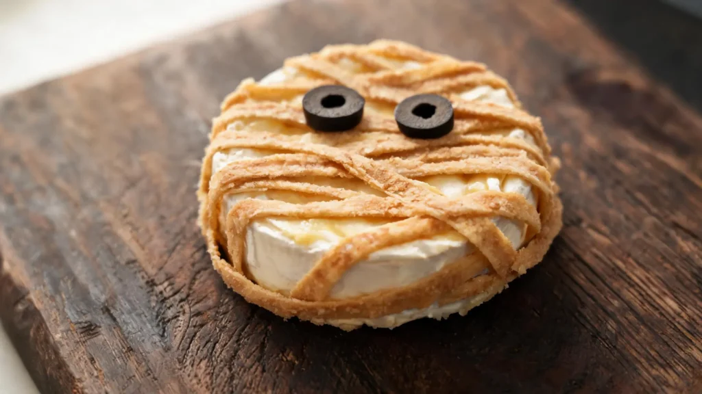 Keto Mummy Brie wrapped in almond flour strips with olive eyes on a serving board